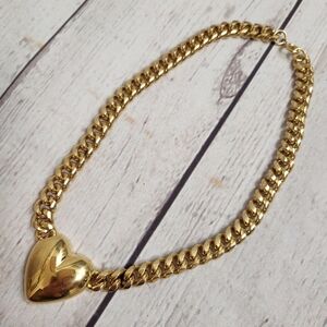 Gold Heart Curb Chain Necklace - Polished Gold Heart Pendant
